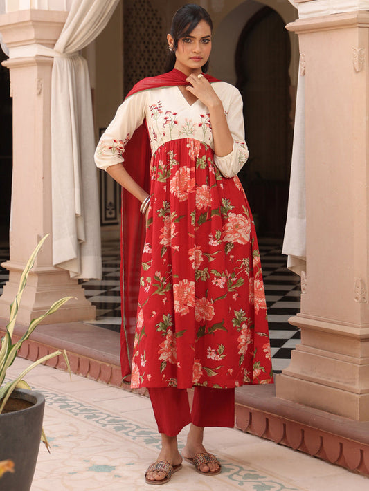 Women's Floral Embroidered Long Kurta Set with Dupatta