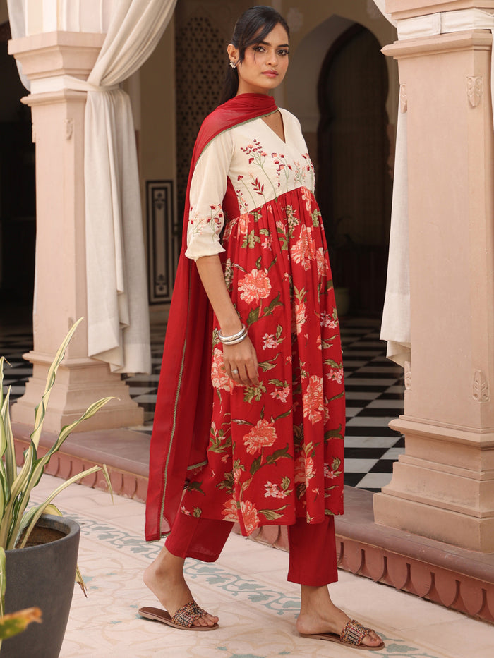 Women's Floral Embroidered Long Kurta Set with Dupatta