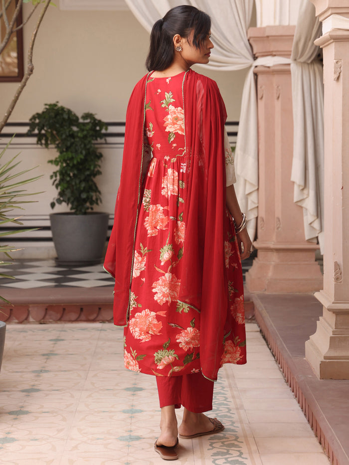 Women's Floral Embroidered Long Kurta Set with Dupatta