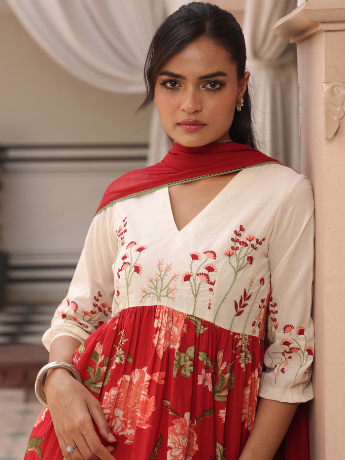 Women's Floral Embroidered Long Kurta Set with Dupatta