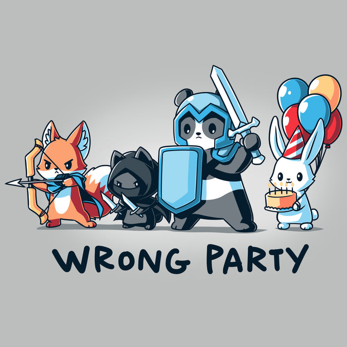 Premium Cotton T-shirt_TeeTurtle silver gray Wrong Party features a group of cartoon animals dressed as an archer fox, ninja cat, knight panda, and a rabbit holding balloons and cake. Text below reads "WRONG PARTY."