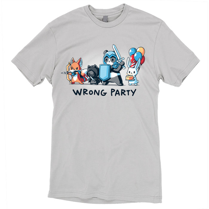 Premium Cotton T-shirt_TeeTurtle silver gray Wrong Party features a group of cartoon animals dressed as an archer fox, ninja cat, knight panda, and a rabbit holding balloons and cake. Text below reads "WRONG PARTY."