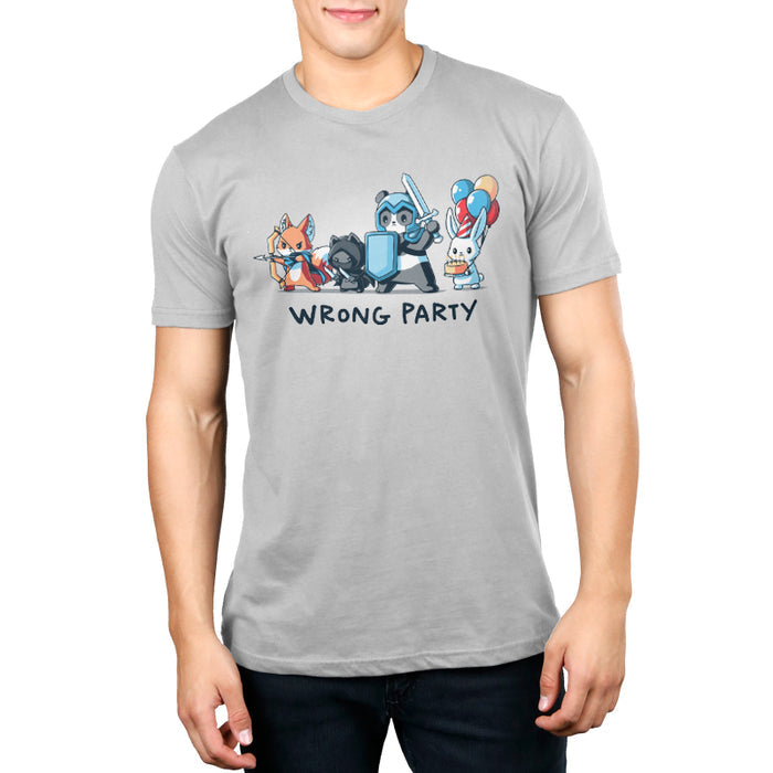 Premium Cotton T-shirt_TeeTurtle silver gray Wrong Party features a group of cartoon animals dressed as an archer fox, ninja cat, knight panda, and a rabbit holding balloons and cake. Text below reads "WRONG PARTY."