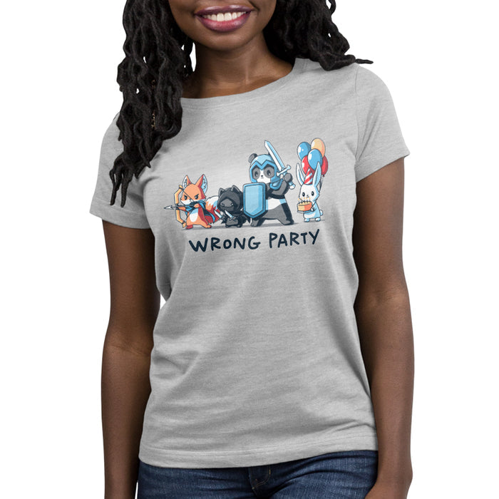 Premium Cotton T-shirt_TeeTurtle silver gray Wrong Party features a group of cartoon animals dressed as an archer fox, ninja cat, knight panda, and a rabbit holding balloons and cake. Text below reads "WRONG PARTY."