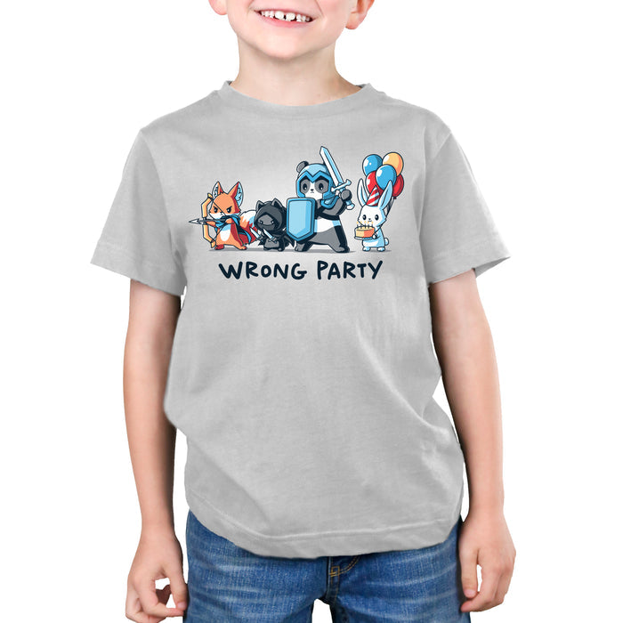 Premium Cotton T-shirt_TeeTurtle silver gray Wrong Party features a group of cartoon animals dressed as an archer fox, ninja cat, knight panda, and a rabbit holding balloons and cake. Text below reads "WRONG PARTY."