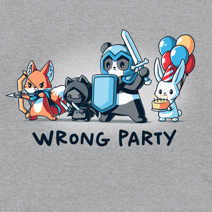 Classic Cotton T-shirt_TeeTurtle heather gray Wrong Party features a group of cartoon animals dressed as an archer fox, ninja cat, knight panda, and a rabbit holding balloons and cake. Text below reads "WRONG PARTY."