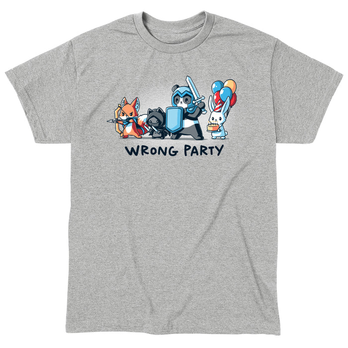 Classic Cotton T-shirt_TeeTurtle heather gray Wrong Party features a group of cartoon animals dressed as an archer fox, ninja cat, knight panda, and a rabbit holding balloons and cake. Text below reads "WRONG PARTY."