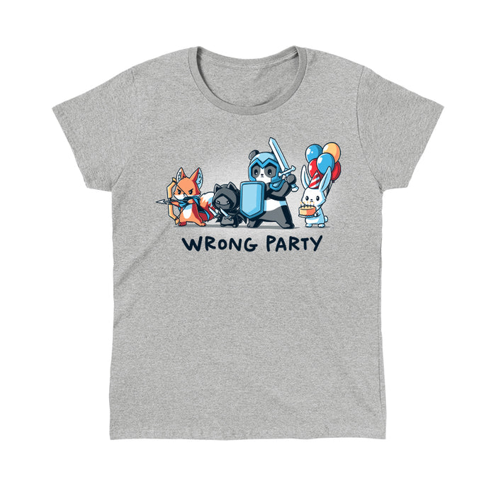 Classic Cotton T-shirt_TeeTurtle heather gray Wrong Party features a group of cartoon animals dressed as an archer fox, ninja cat, knight panda, and a rabbit holding balloons and cake. Text below reads "WRONG PARTY."