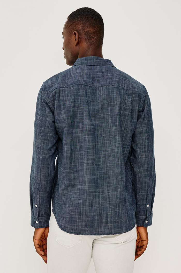 Wyatt Button Front Collared Shirt With Long Sleeves and Single Chest Pocket in Horizon Silvermist Colorway - Upper Body Back View Featured on Model