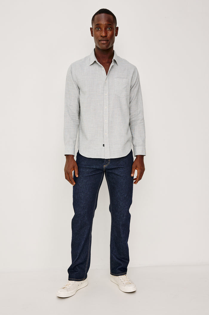Wyatt Button Front Collared Shirt With Long Sleeves and Single Chest Pocket in Platinum Etch Colorway - Full Body Front View Featured on Model