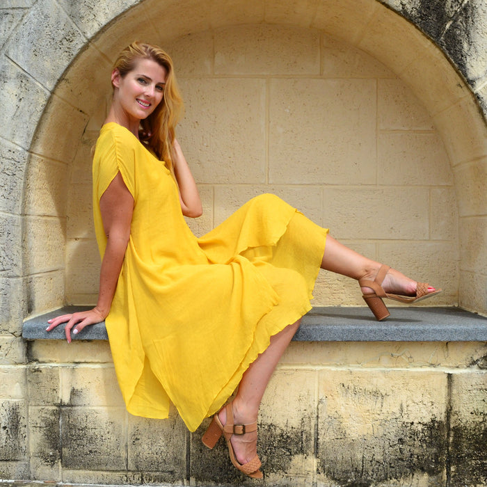 Yellow drop shoulder tunic dress by Wishstone, featuring a relaxed fit and summer-ready style, perfect for casual wear.