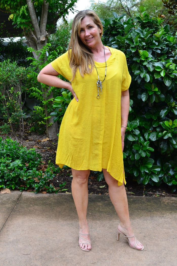 Yellow Wishstone oversized drop shoulder tunic dress with relaxed fit and casual style, shown on a model.