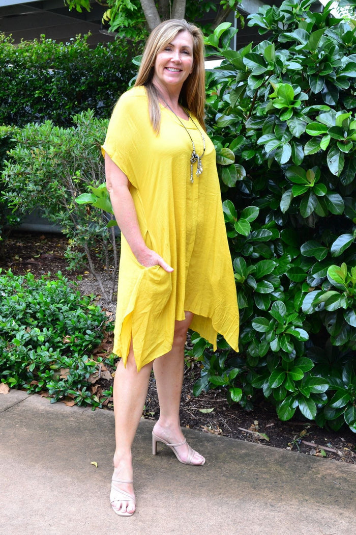 Yellow Wishstone oversized drop shoulder tunic dress, lightweight summer dress with relaxed fit and casual style.