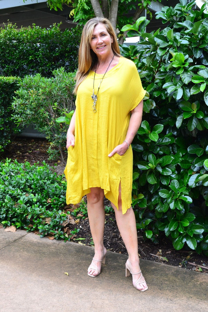 Yellow Wishstone oversized drop shoulder tunic dress, lightweight summer style with relaxed fit and casual design.