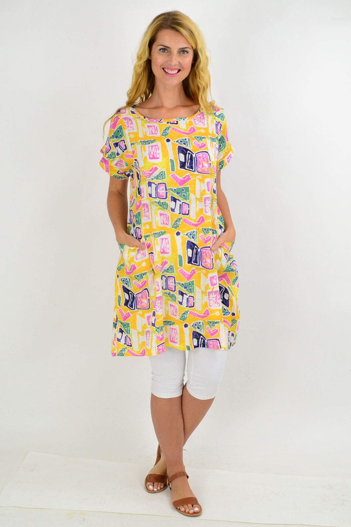 Yellow teen tunic dress by Peony featuring a relaxed fit, short sleeves, and a casual, stylish design.