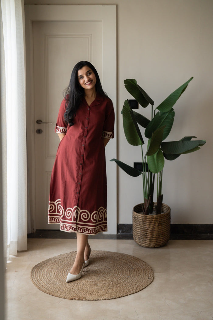 Zavya A-line Embroidered Dress- Brick