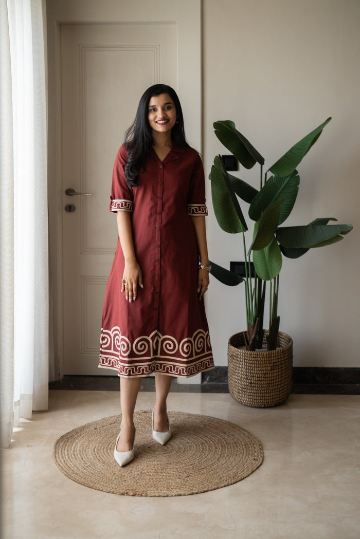 Zavya A-line Embroidered Dress- Brick