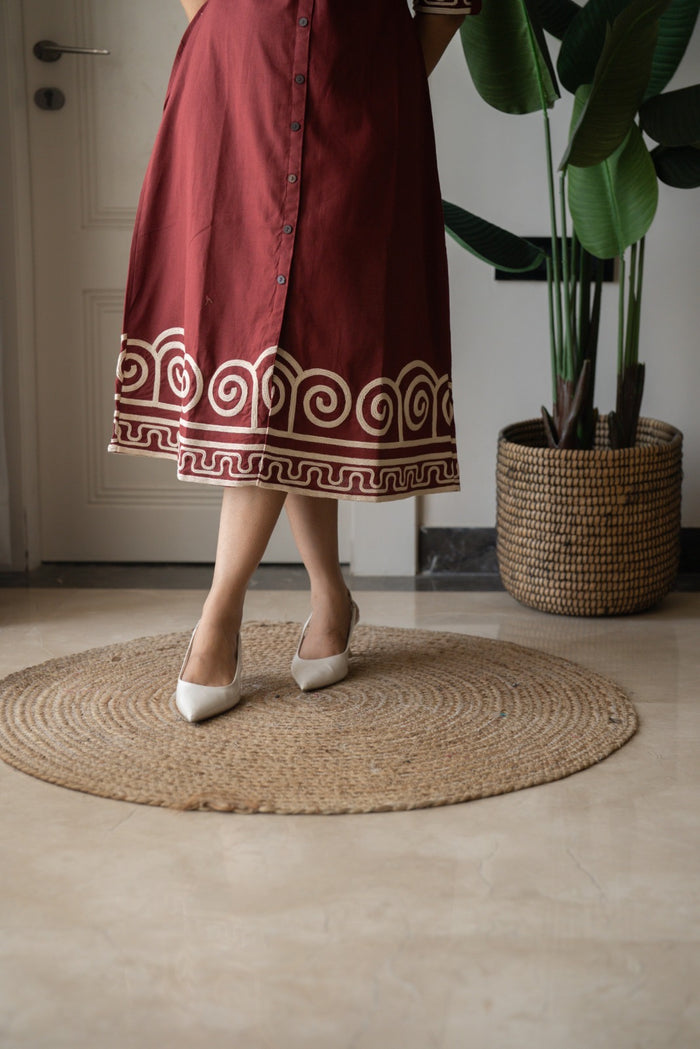 Zavya A-line Embroidered Dress- Brick