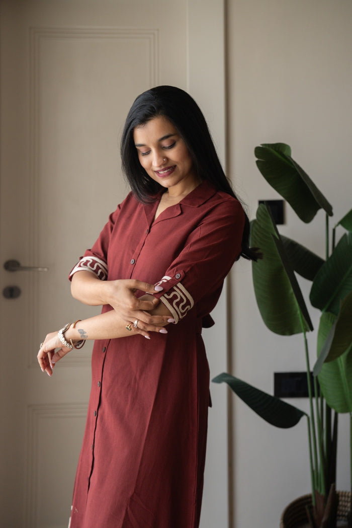 Zavya A-line Embroidered Dress- Brick