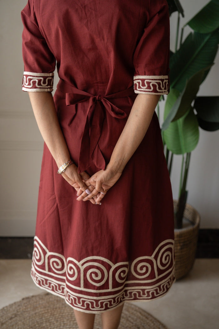 Zavya A-line Embroidered Dress- Brick