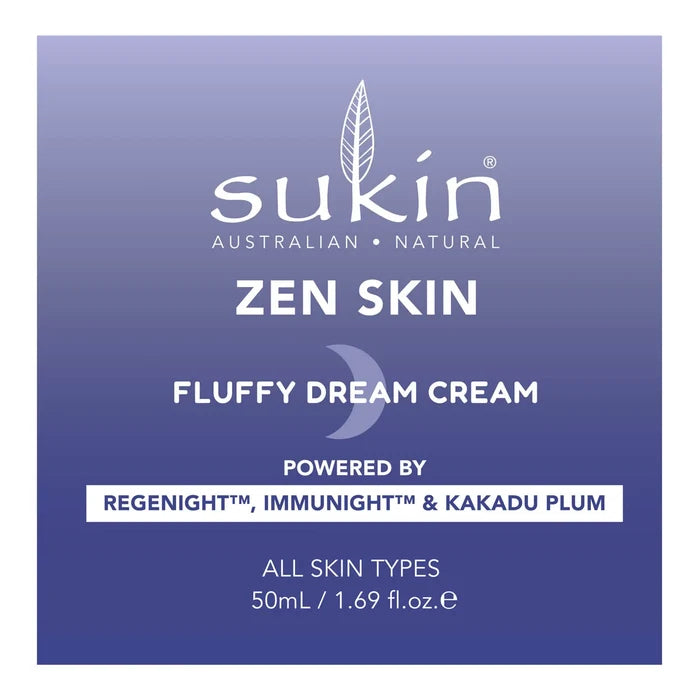 Sukin Zen Skin Fluffy Dream Cream box packaging. Powered by regenight, immunight, kakadu plum. Suitable for all skin types.