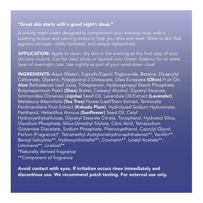 Back of Sukin Zen Skin Fluffy Dream Cream with ingredients, application and product benefits.