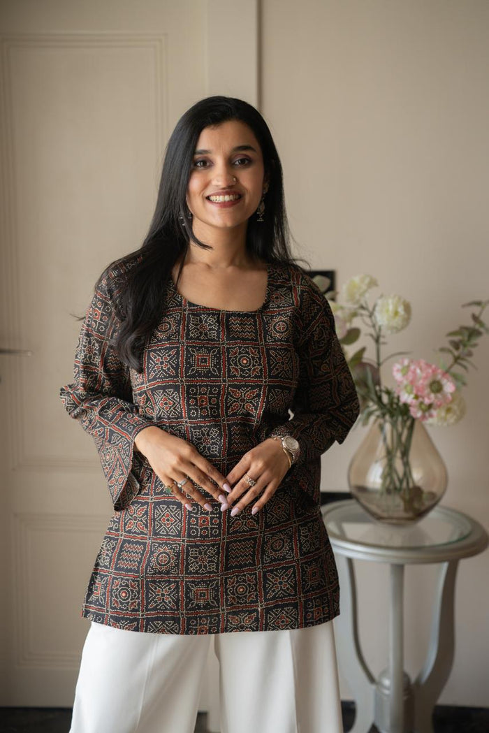 Zia Cotton Short Kurti- Black Bandhej