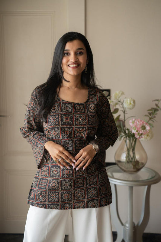 Zia Cotton Short Kurti- Black Bandhej