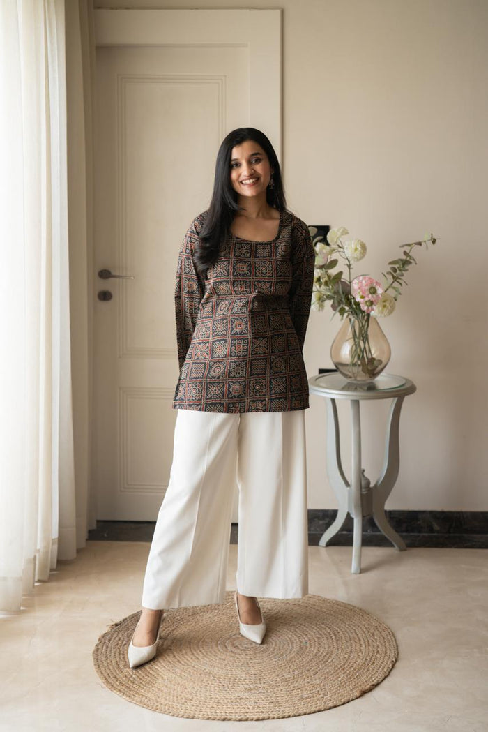 Zia Cotton Short Kurti- Black Bandhej