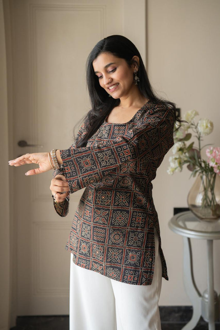 Zia Cotton Short Kurti- Black Bandhej