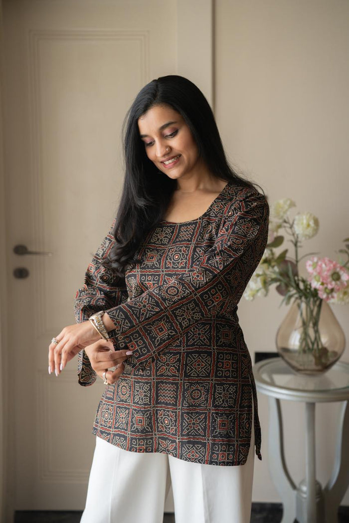 Zia Cotton Short Kurti- Black Bandhej