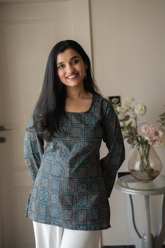 Zia Cotton Short Kurti- Blue Bandhej