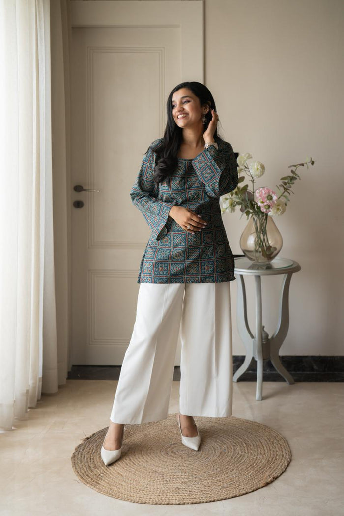 Zia Cotton Short Kurti- Blue Bandhej