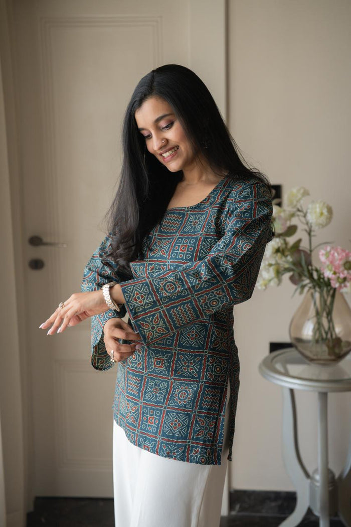 Zia Cotton Short Kurti- Blue Bandhej