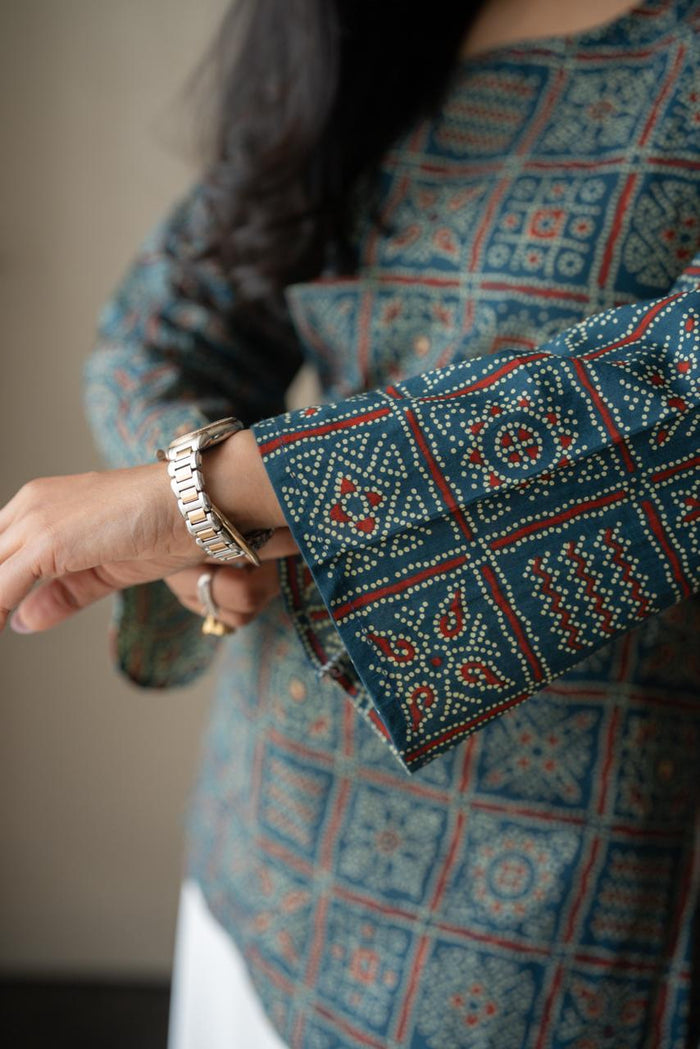 Zia Cotton Short Kurti- Blue Bandhej