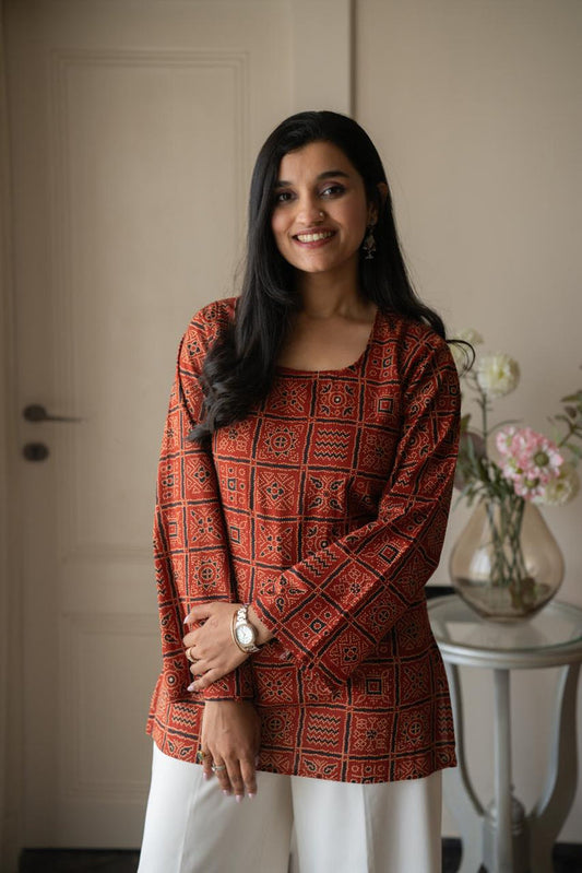 Zia Cotton Short Kurti- Red Bandhej