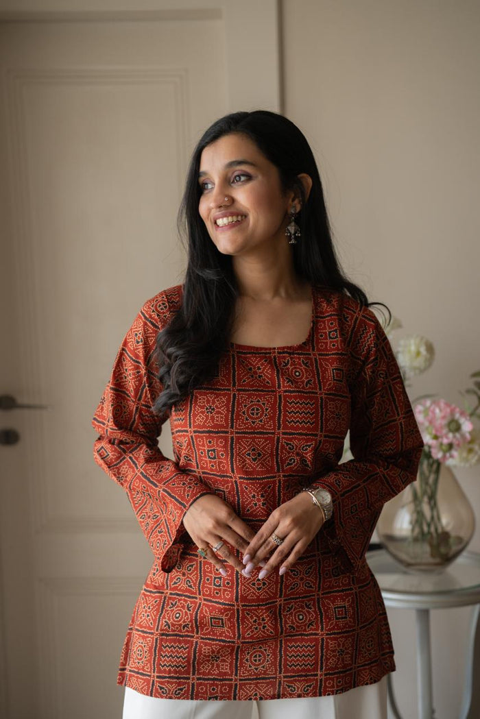 Zia Cotton Short Kurti- Red Bandhej