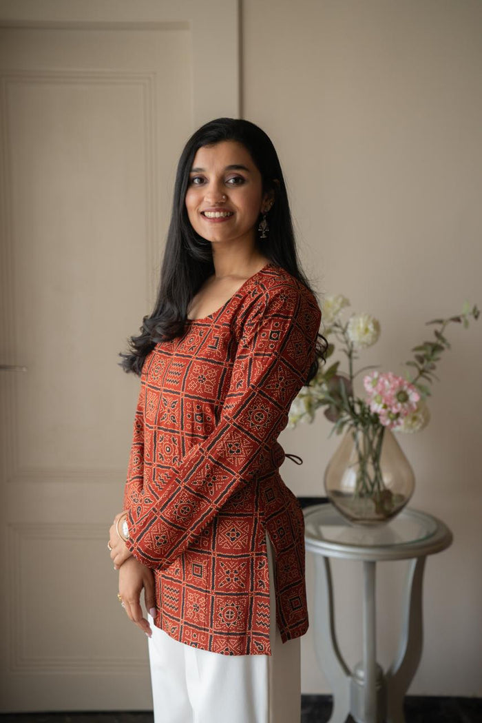 Zia Cotton Short Kurti- Red Bandhej