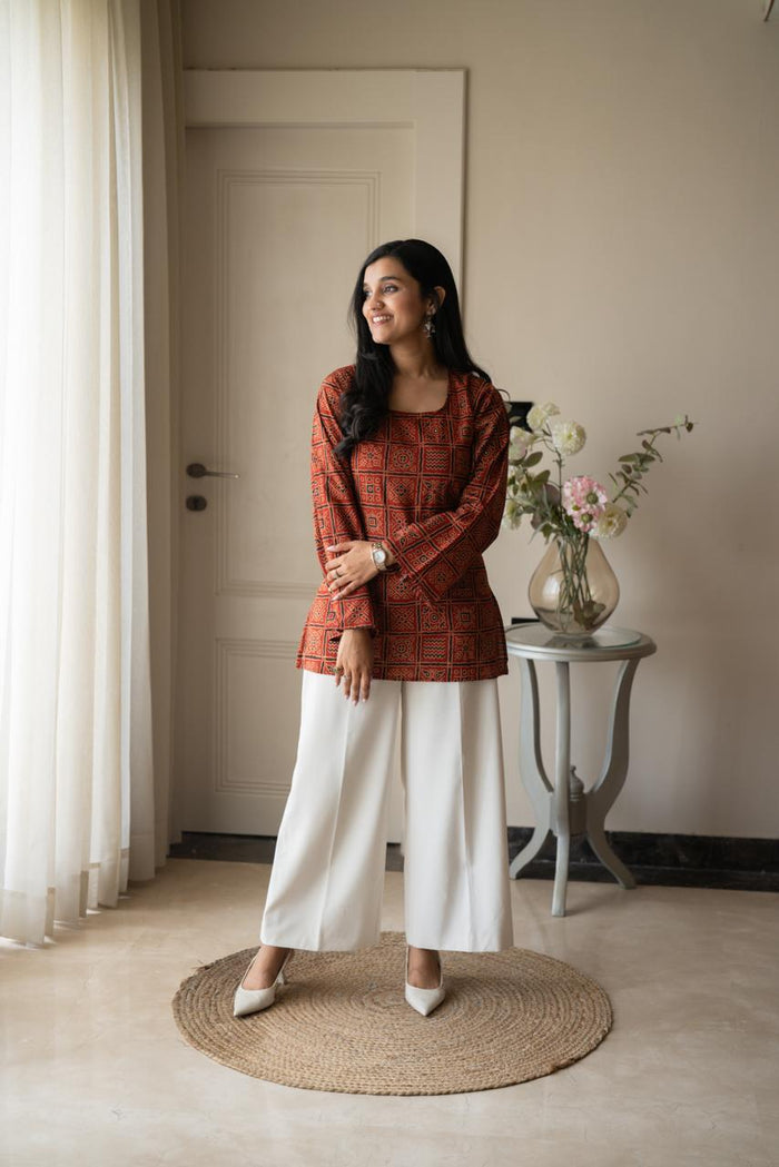 Zia Cotton Short Kurti- Red Bandhej