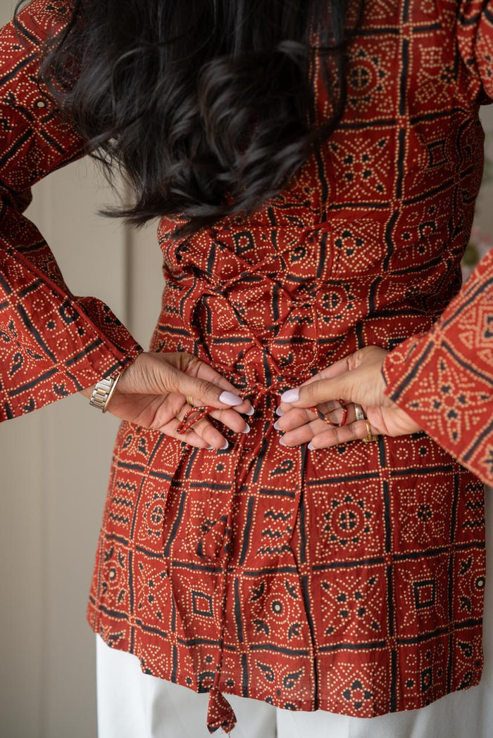 Zia Cotton Short Kurti- Red Bandhej