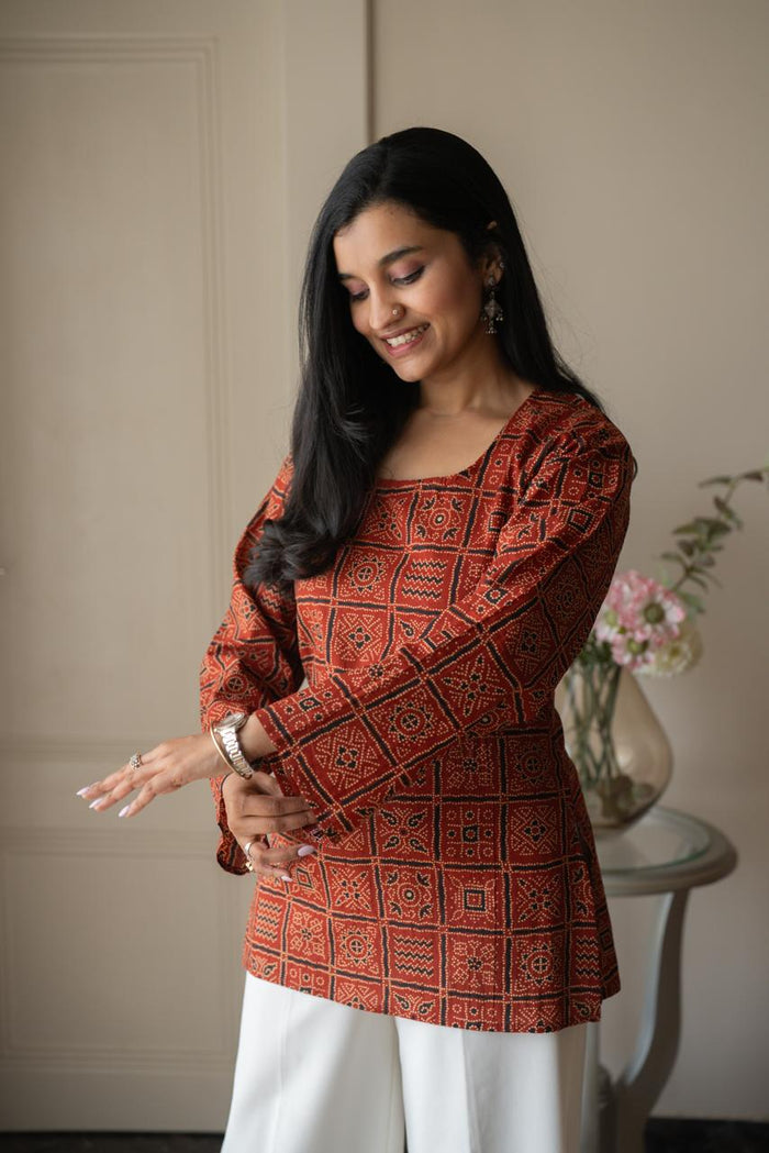Zia Cotton Short Kurti- Red Bandhej