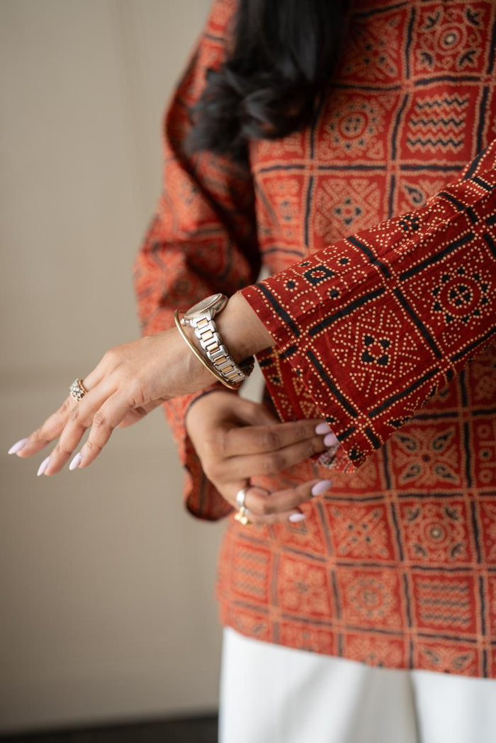 Zia Cotton Short Kurti- Red Bandhej